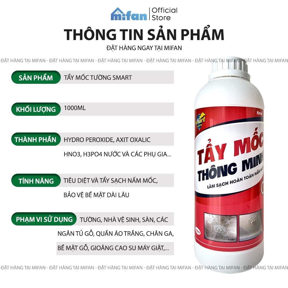 Dung Dịch Tẩy Mốc Tường SMART 1000ml - Tẩy sạch vết mốc lâu ngày trên tường, gioăng cao su, quần áo, chăn ga, đồ gỗ