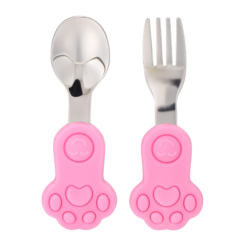 Set 2 Muỗng Nĩa Silicone 304 Tay Cầm Ngắn Bằng Inox 304 Tập Ăn Cho Bé