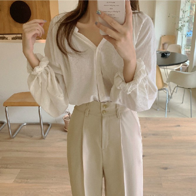 SUXI Áo Sơ Mi Tay Dài Cổ Chữ V Form Rộng Kiểu Dáng Đơn Giản Cho Nữ