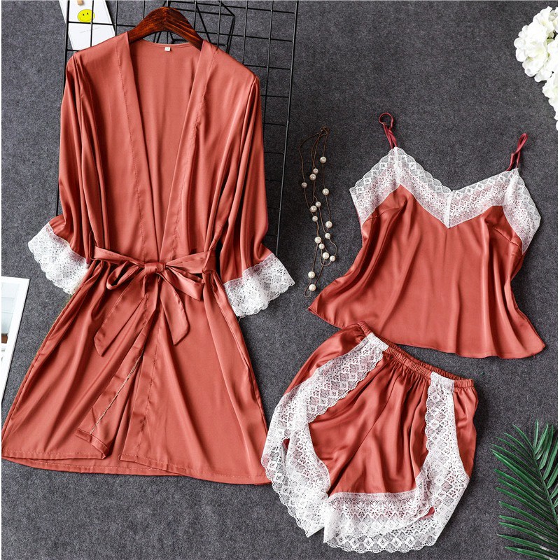 Hisexy Set Áo Khoác 2 Món Áo Khoác Và Đồ Bộ Ngủ Lụa Satin Cao Cấp Dưới 75Kg - AK29MS29
