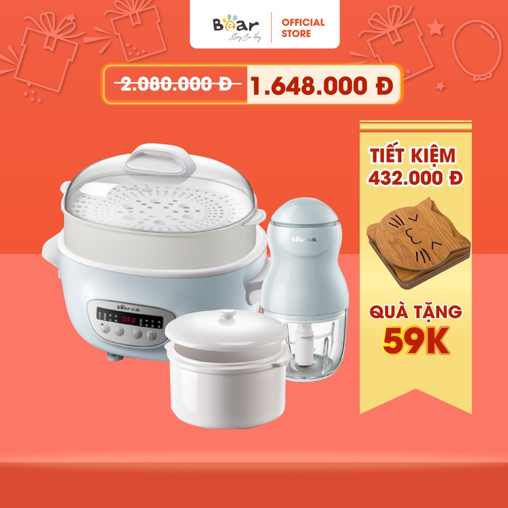 Combo Nồi Nấu Chậm 2,5L Bear SUBE003 và Máy Xay Ăn Dặm 0,3L Bear B03V2 nấu cháo, chưng yến Bảo hành Chính hãng