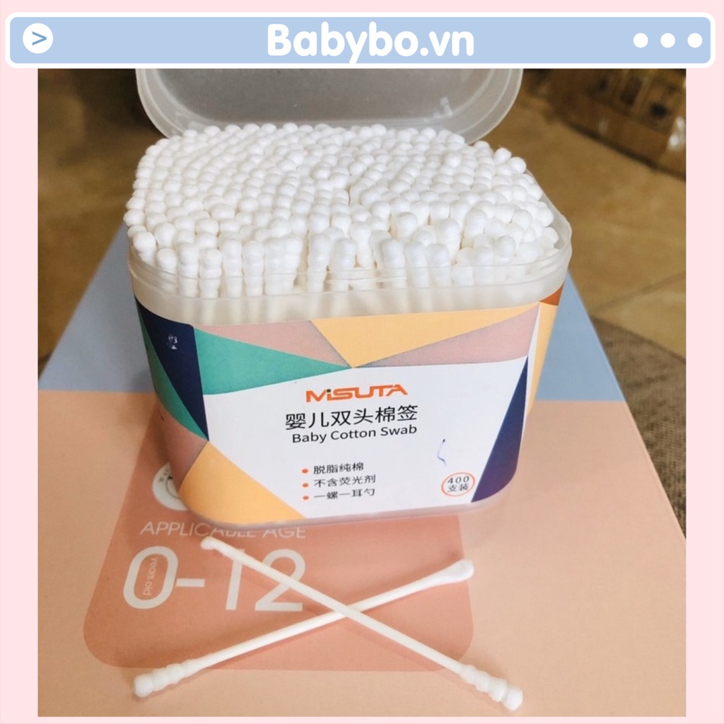 Tăm bông ngoáy tai sơ sinh, hộp 400 que tăm bông đa năng lõi giấy cao cấp Misuta