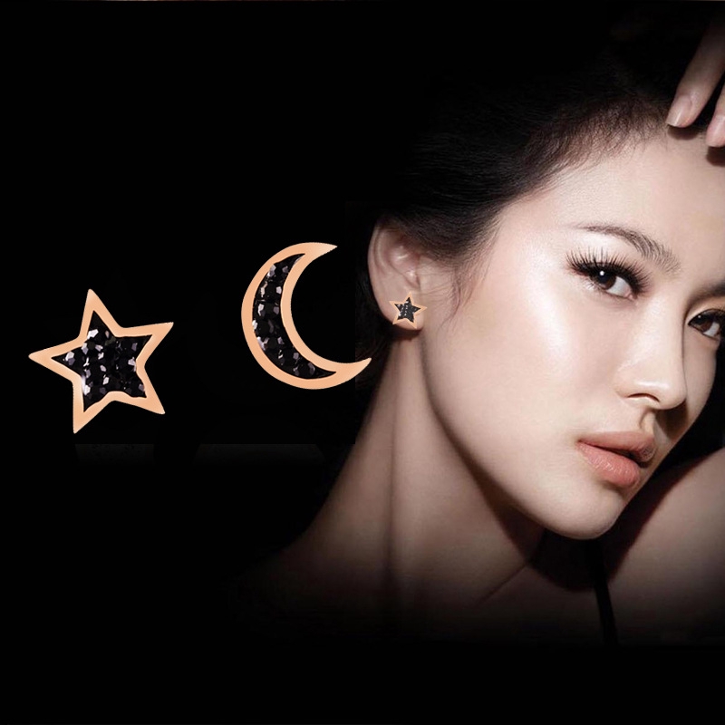 Khuyên tai bằng thép titan mạ vàng hồng 18K hình mặt trăng / ngôi sao đính đá không gây dị ứng dễ phối đồ