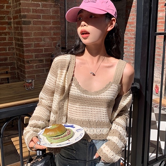 【ZHELIHANGFEI】Áo Cardigan Dệt Kim Lưng Cao Họa Tiết Kẻ Sọc Phong Cách Quyến Rũ