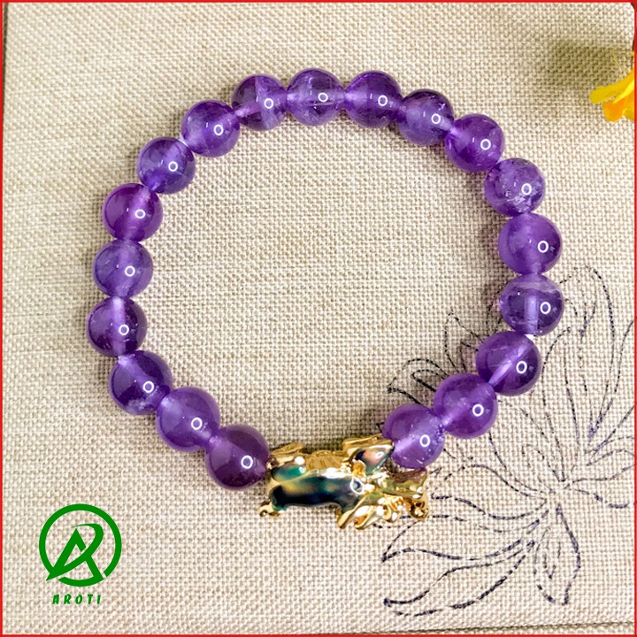 Vòng Phong Thủy Mệnh Hỏa-Thổ- Vòng Tay Đá TATím Mix Long Quy Vàng Đổi Màu 8mm V373-8