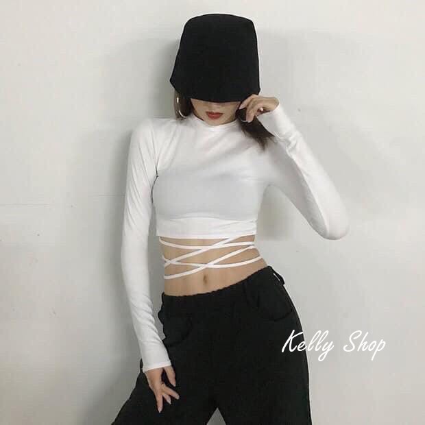 Áo thun croptop dài tay dây buộc chéo eo cá tính
