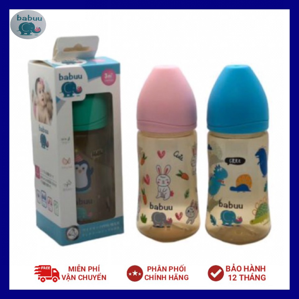 (Tặng kèm 1 núm ti - Hỗ trợ chọn núm ti) Bình sữa nắp sóng Babuu Baby Nhật bản 90ml,160ml,240ml