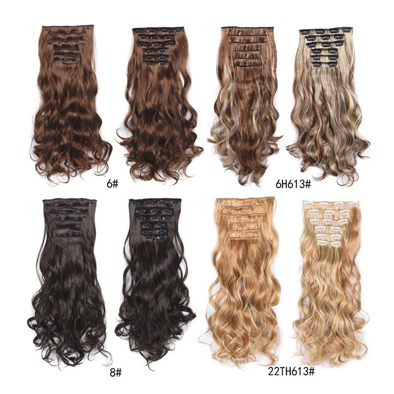 Tóc giả nối tóc xoăn dài 16 kẹp sợi tổng hợp chịu nhiệt màu sắc ombre