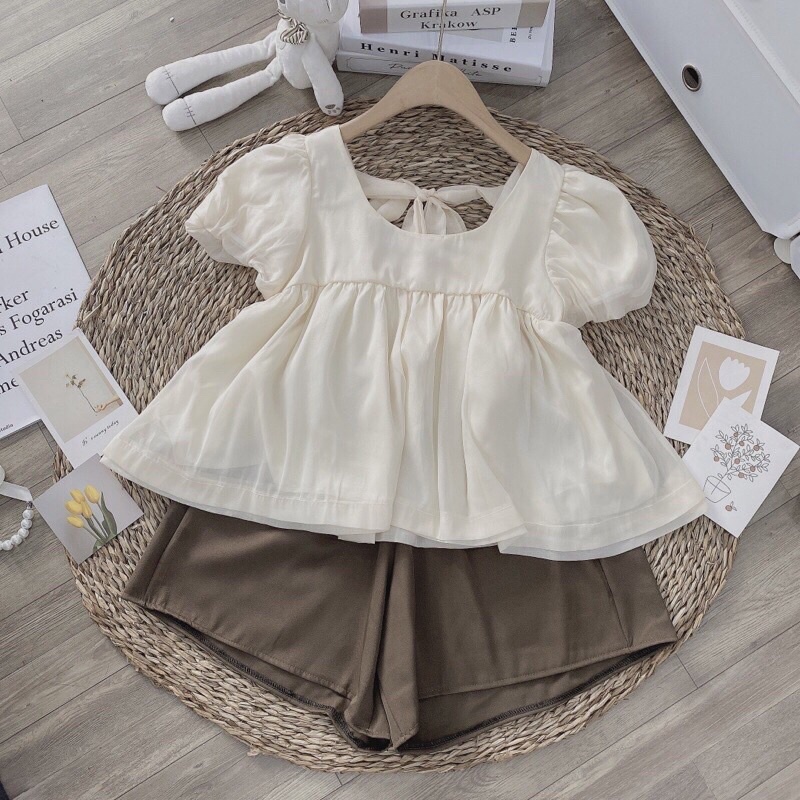 Set áo babydoll buộc nơ sau tơ mềm Pea Store