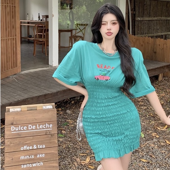 Đầm Tay Ngắn Cổ Tròn Dáng Ôm In Họa Tiết Hoạt Hình Phong Cách Hàn Quốc Thời Trang Mùa Hè Xinh Xắn Cho Nữ