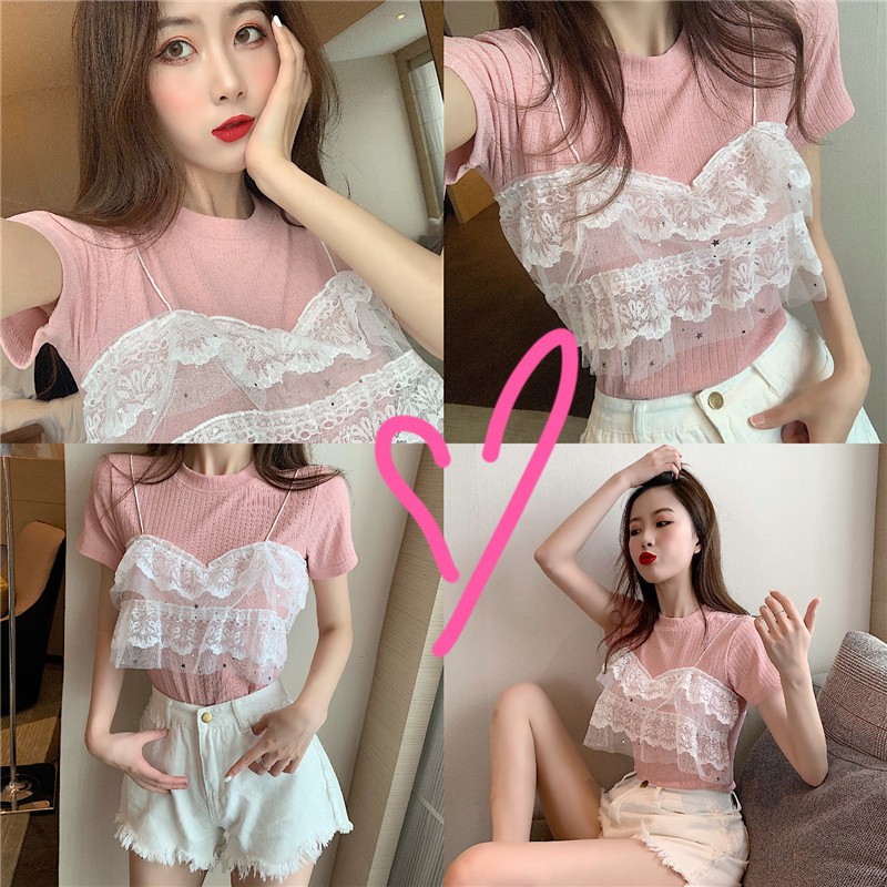 Áo Thun Tay Ngắn Giả Hai Lớp Phong Cách Hàn Quốc Cho Nữ | BigBuy360 - bigbuy360.vn