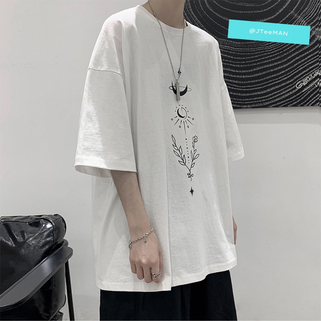 Áo thun Unisex tay lỡ nam nữ JTeeMan, áo phông Unisex form rộng vải Cotton in hình mặt trăng mặt trời và hoa - JT13