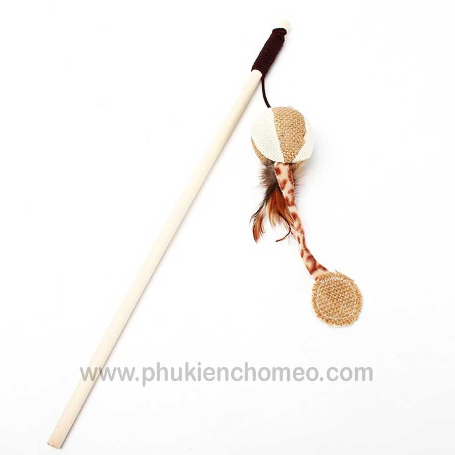 Đồ chơi cần câu mèo/ Cây vờn mèo cán gỗ hình con chuột, quả bóng nhồi bông kèm chuông kêu giúp mèo vận động