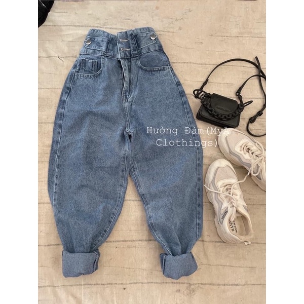 Baggy Jeans Lưng Cao 2 Nút Đai nút
