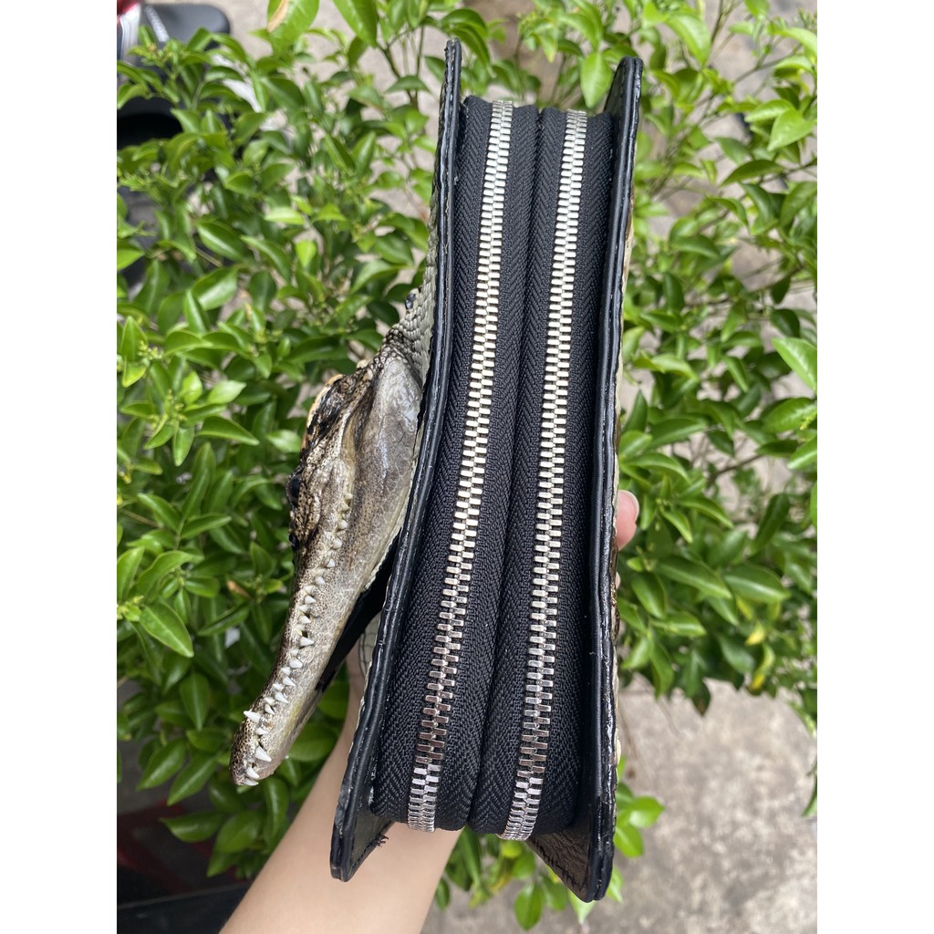 VÍ CẦM TAY ĐẦU DA CÁ SẤU MÀU NGUYÊN THỦY THẬT 100% 2 DÂY KÉO 22X12CM