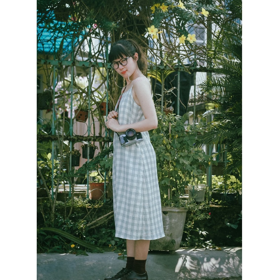 Váy 2 Dây Kẻ Caro Xanh Đậu Xô Muslin Kèm Chân Váy Dài Vui Đông Xuân/ Tết Nhẹ Nhàng