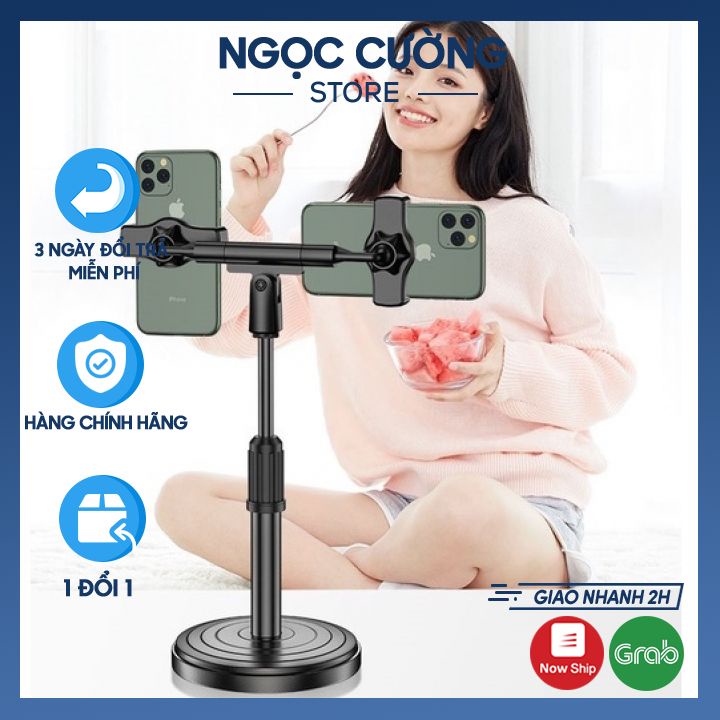 Giá đỡ 2 điện thoại để bàn cao cấp, Kẹp điện thoại livestream quay video tiktok,  điều chỉnh cao thấp tiện lợi sử dụng