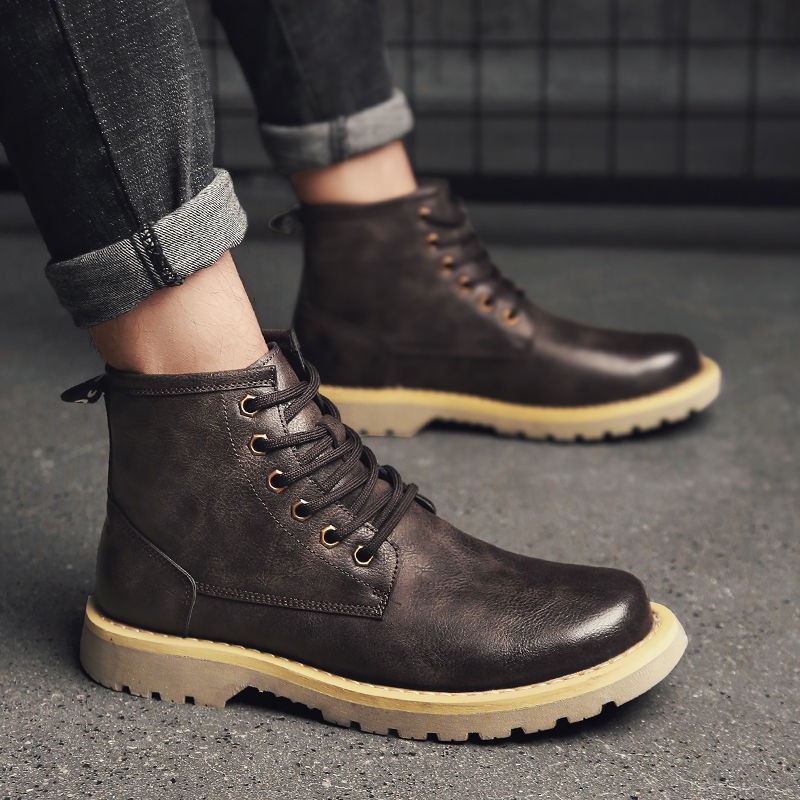 ﹉Giày nam cao cấp mới của Anh cổ Martin boots ngắn phong cách Hàn Quốc hợp thời trang tất cả các kết dụng cụ cắt g