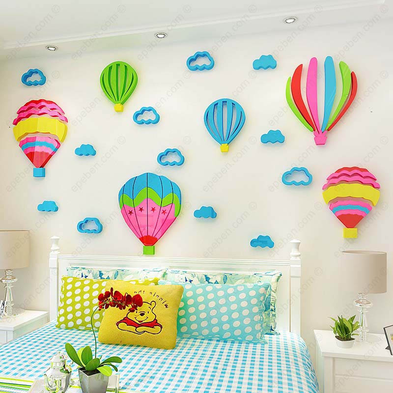 Tranh dán tường mica 3d decor khổ lớn khinh khí cầu sắc màu trên bầu tời trang trí mầm non, phòng bé Nhiều Size - EPeBen