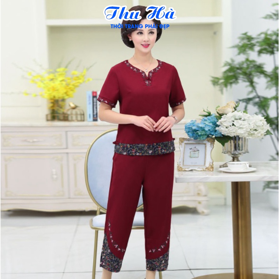 Đồ bộ mặc nhà tay ngắn họa tiết thêu hoa Thu Hà quần áo trung niên cho mẹ form rộng rãi thoải mái ĐBH.18