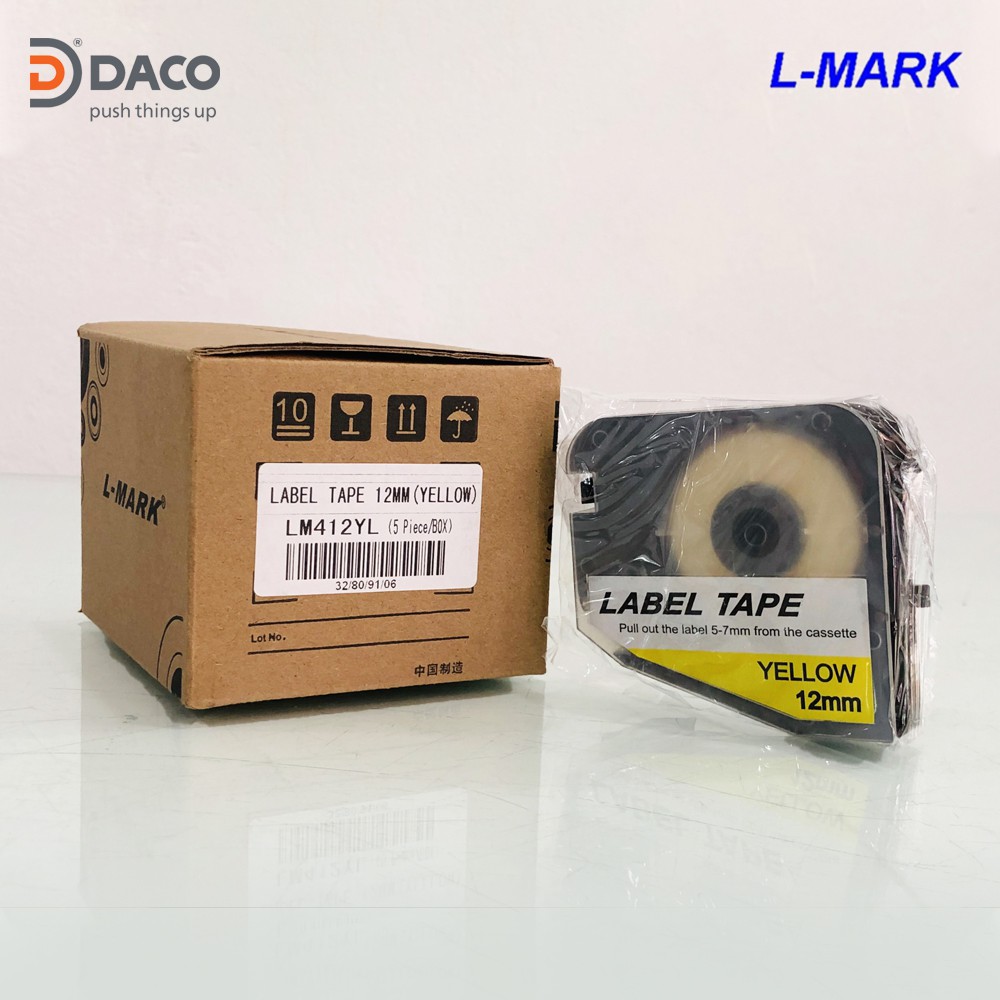 LM412YL: Băng nhãn in cho máy in ống lồng đầu cốt LK320, LK-320, 12mm x 8m màu vàng