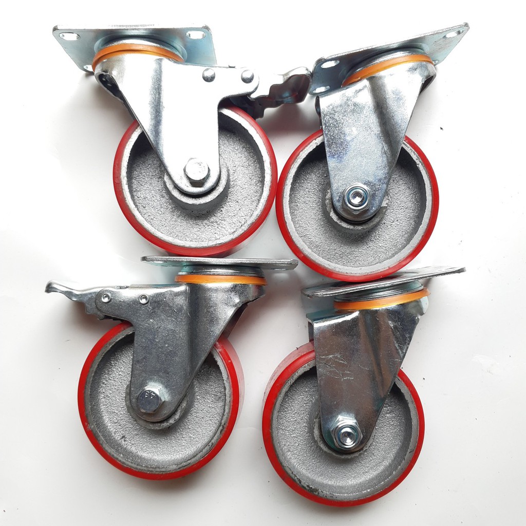 Bộ 4 Bánh xe PU – với đường kính 100mm bề rộng bánh 32mm - MITUHOME- Được sản xuất từ gang đúc đặc bọc lớp PU loại 100mm