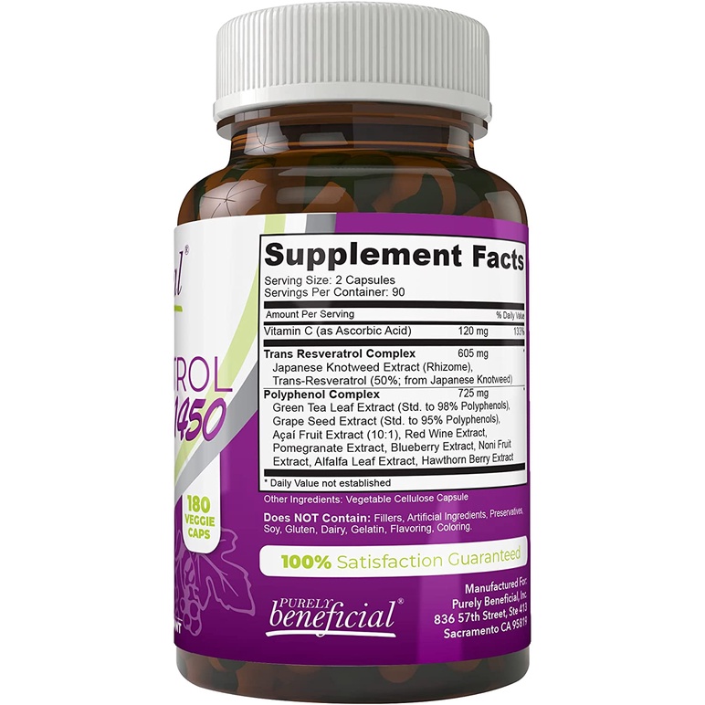 Viên uống Resveratrol hỗ trợ tim mạch, chống lão hóa 1450mg 180 viên Purely Beneficial