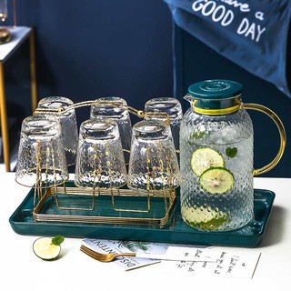 BỘ BÌNH CỐC THỦY TINH KÈM GIÁ ÚP CỐC VÀ KHAY SỨ VIỀN VÀNG CAO CÂP