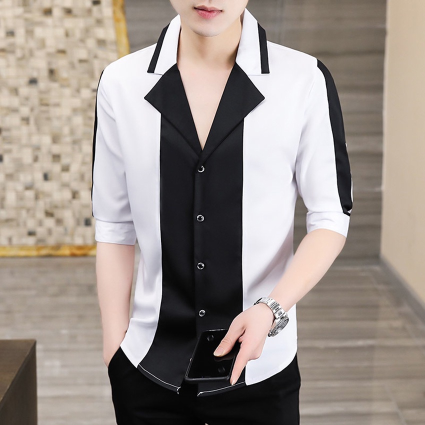 Sơ mi nam, Áo sơ mi nam tay lỡ 3/4 chất liệu cotton phối 2 màu chủ đạo đen trắng sang trọng đẳng cấp mã N12