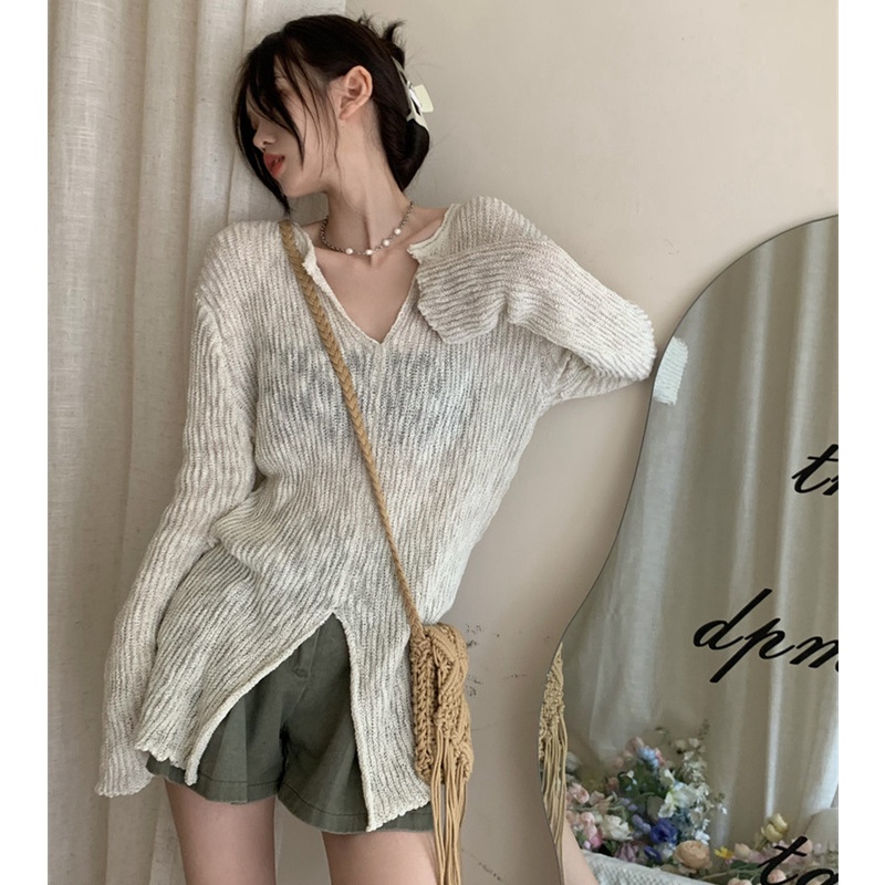 Áo Dệt Kim Chống Nắng Dáng Rộng Cổ Chữ V Xẻ Tà Gợi Cảm Hợp