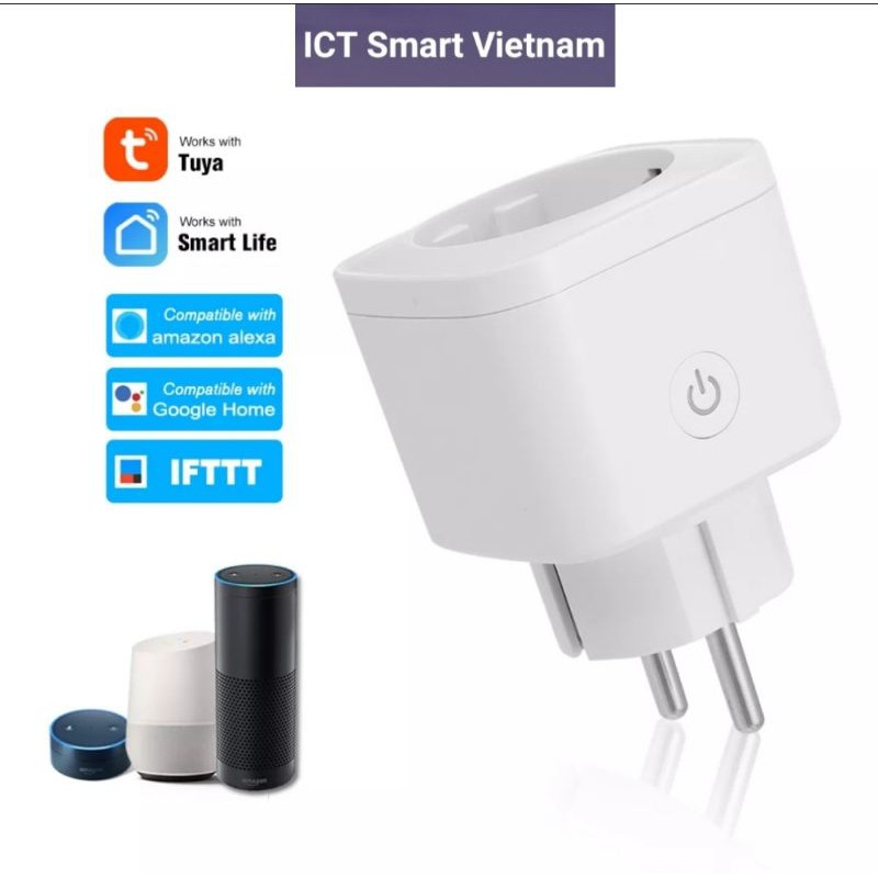 ( Chất lượng cao) Ổ Cắm WiFi Thông Minh EU 2 chân tròn Tuya Điều Khiển Từ Xa 16A 3840W