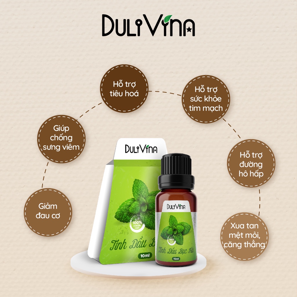 Tinh Dầu Bạc Hà Peppermint DuliVina Cao Cấp, Thiên Nhiên Nguyên Chất Giúp Giảm Ho, Cảm Cúm, Đuổi Muỗi - Chai 10ml