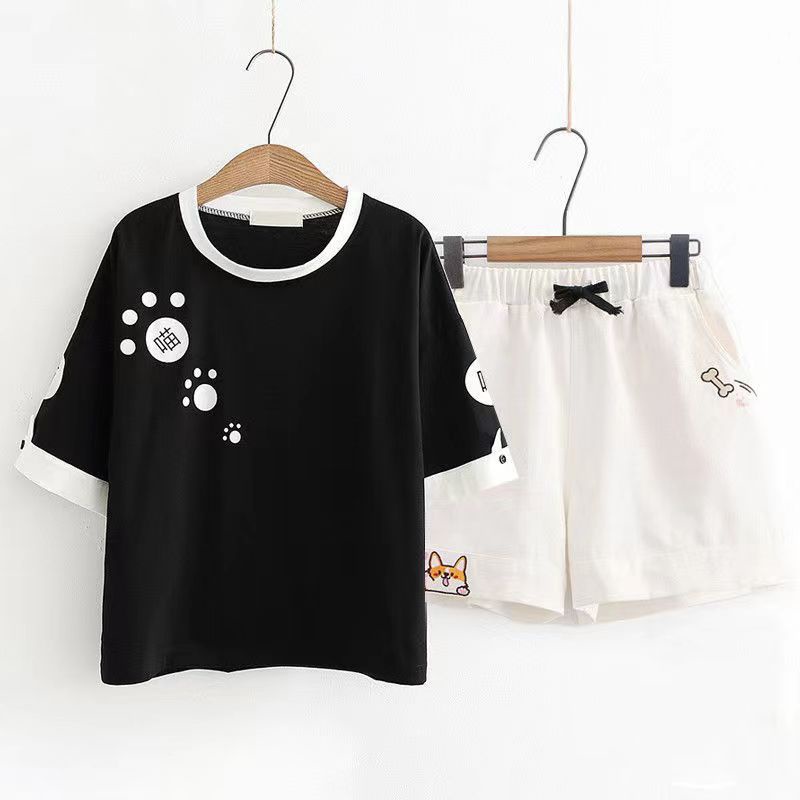 Set áo thun tay ngắn + quần lửng dáng rộng phong cách Hàn Quốc thời trang mùa hè cho nữ