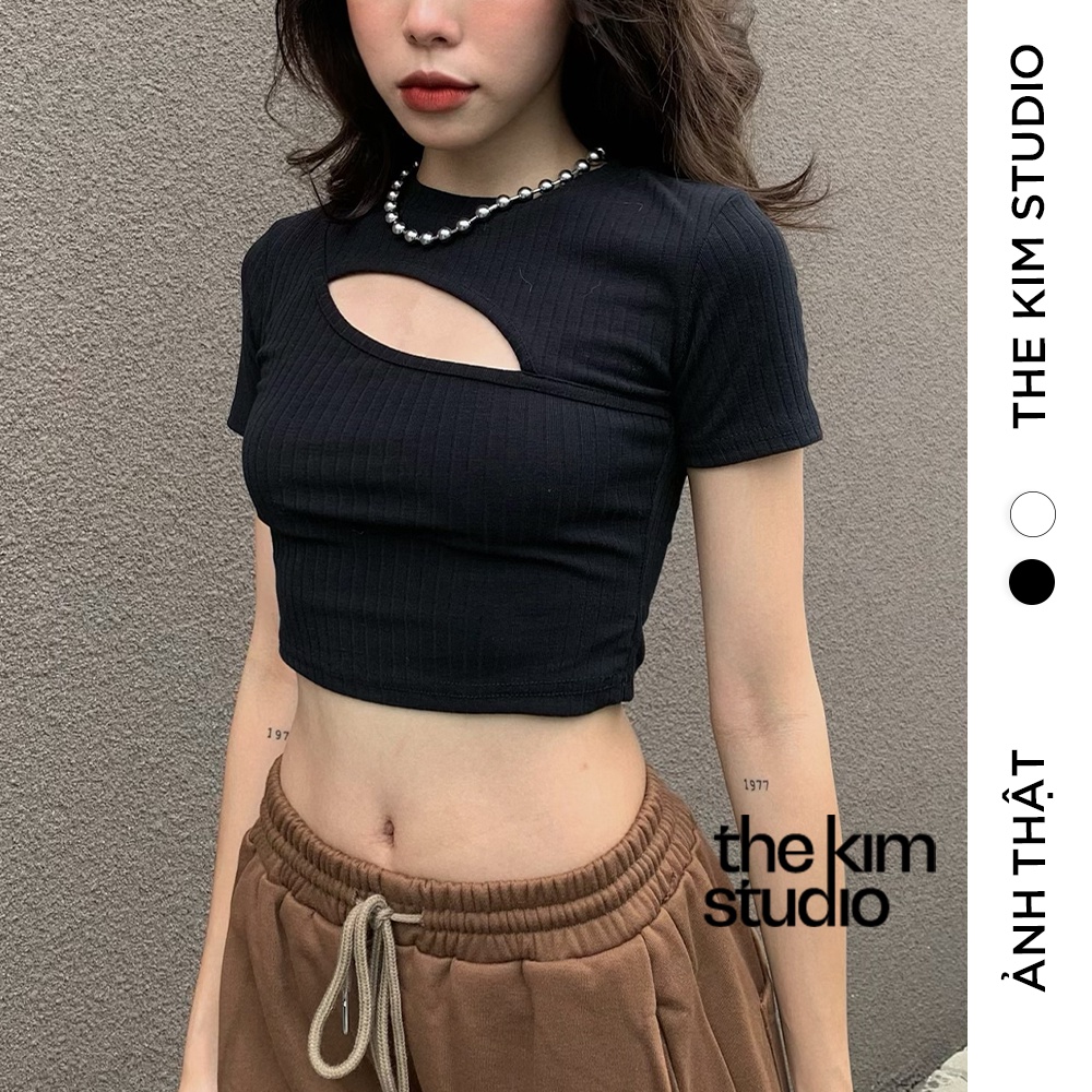 Áo croptop ngắn tay khoét ngực TheKim , thun len tăm cổ tròn ôm sát body cho nữ A139