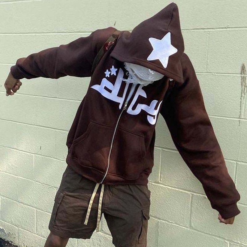Áo Khoác Hoodie Dáng Rộng Có Khóa Kéo In Chữ Và Ngôi Sao Phong Cách Hip hop Đường Phố Cho Nam Và Nữ