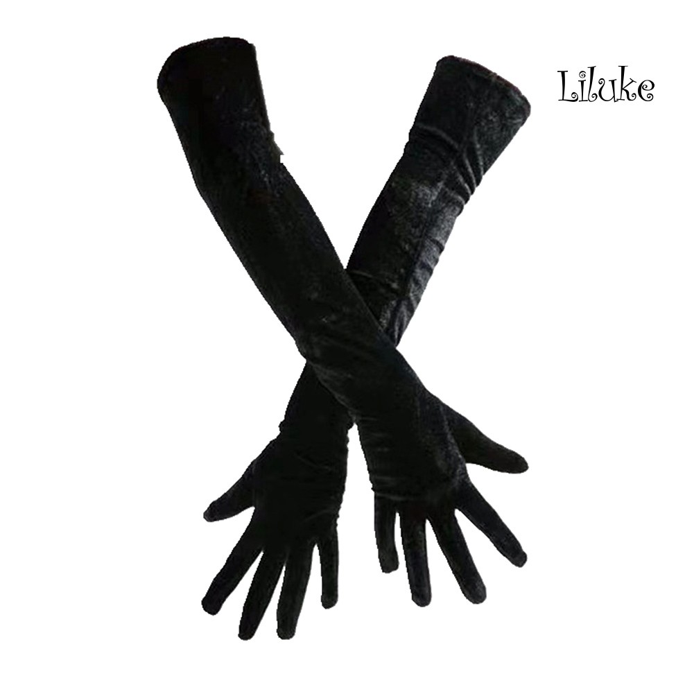 Găng Tay Nhung Dài Co Giãn Che Phủ Ngón Tay Phong Cách Vintage Cho Nữ
