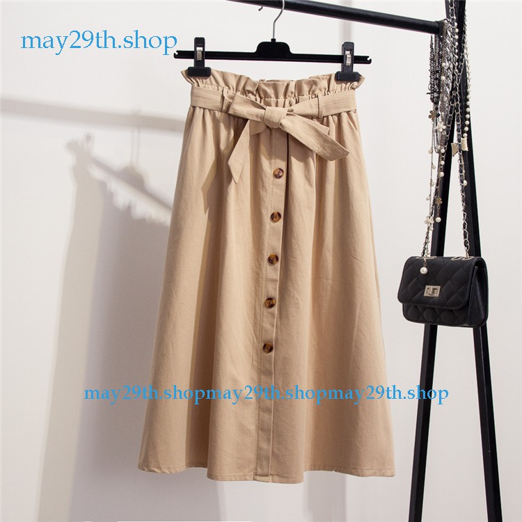 Sẵn hàng Chân váy kaki dáng dài kèm đai thắt đính khuy Vintage Hàn Quốc
