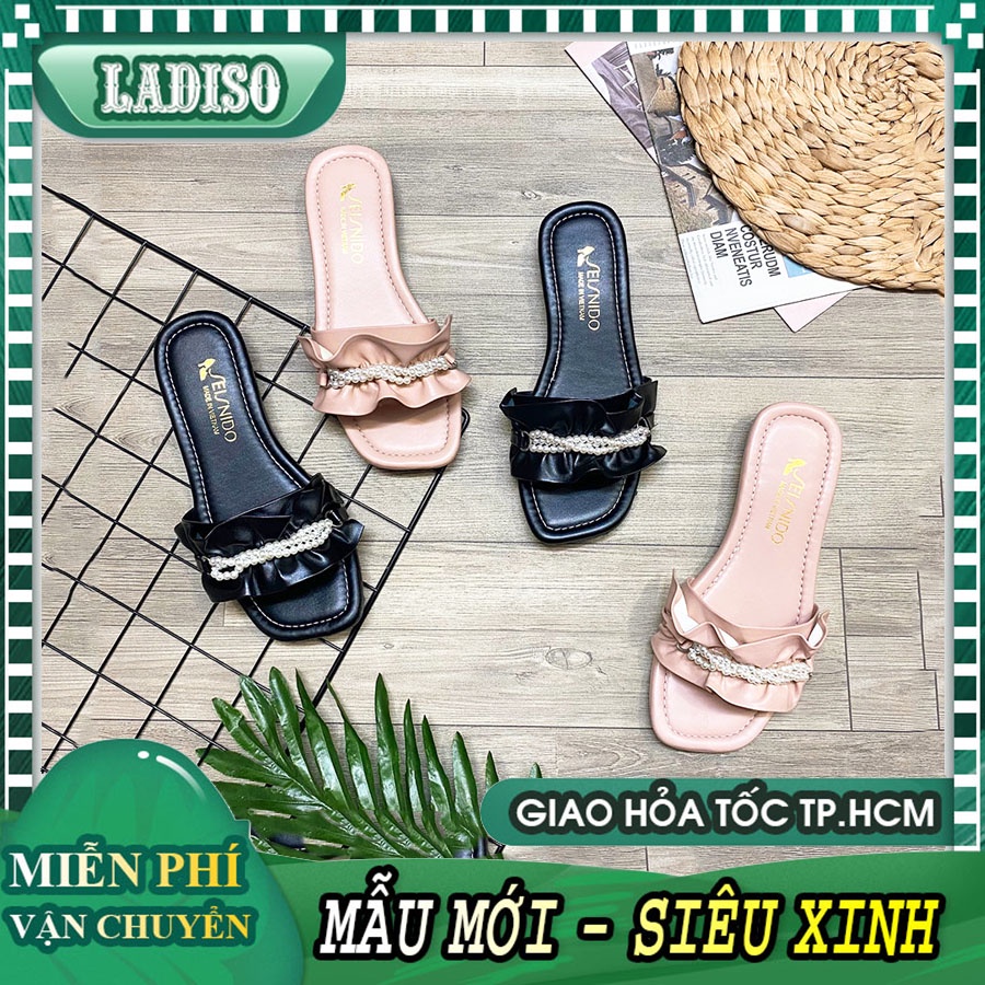 Dép nữ quai ngang kiểu bèo nhún đính hai chuỗi ngọc LADISO xinh xắn dễ thương hàng hot trend TT385