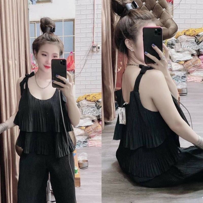 Set dập ly cột vai màu trơn vải lụa - S005