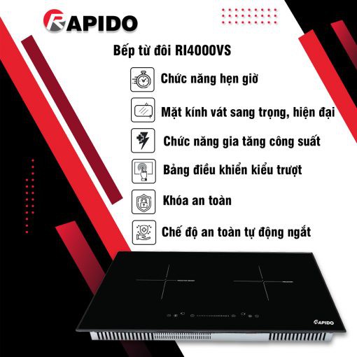 Bếp từ đôi RI4000VD / RI4000VS Rapido, 2 vùng bếp nấu công suất 2000W, Chính hãng