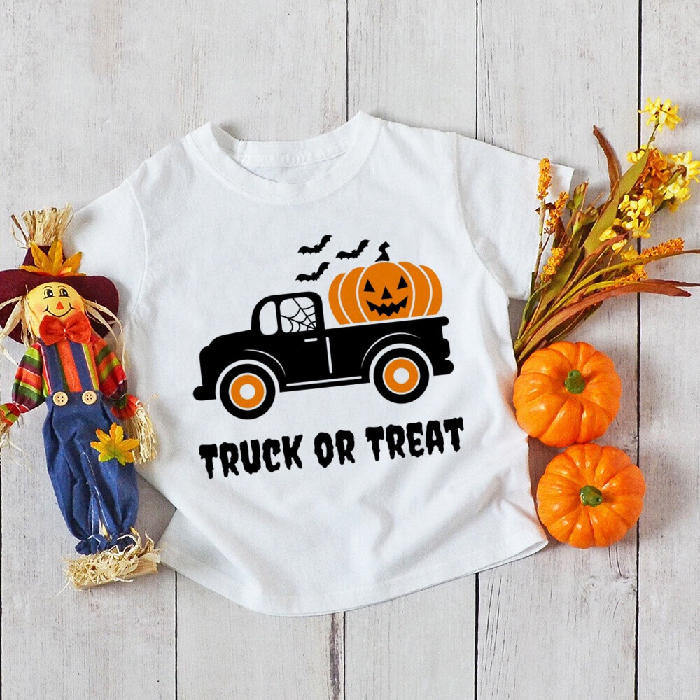 Áo thun trẻ em in họa tiết Halloween Áo thun ngắn tay màu trắng