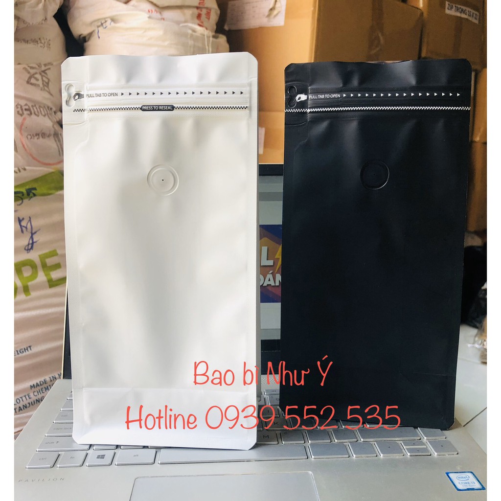 1kg túi zipper đựng cafe có 8 cạnh đáy vuông - Màu đỏ - Đen - Trắng