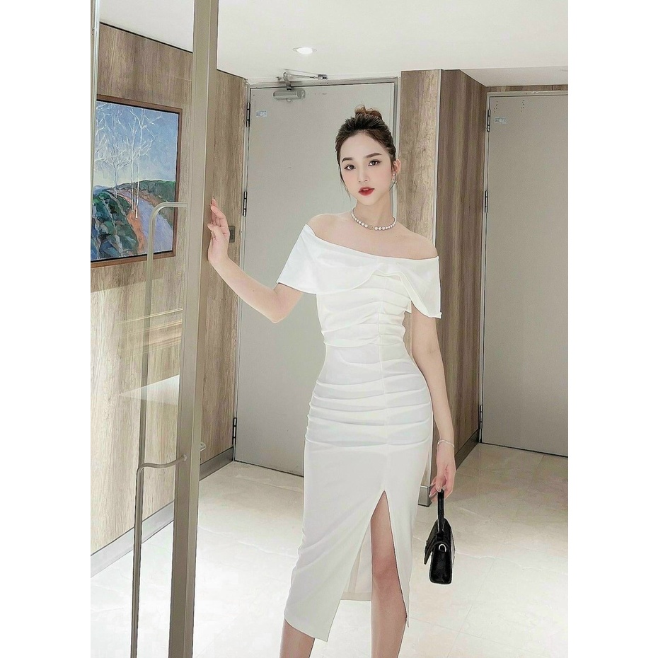 [9.9 Sales Freeship] Đầm nữ thiết kế đi tiệc, đầm umi trễ vai nhún xếp ly eo, đầm bẹt vai xẻ tà dáng dài gợi cảm dx