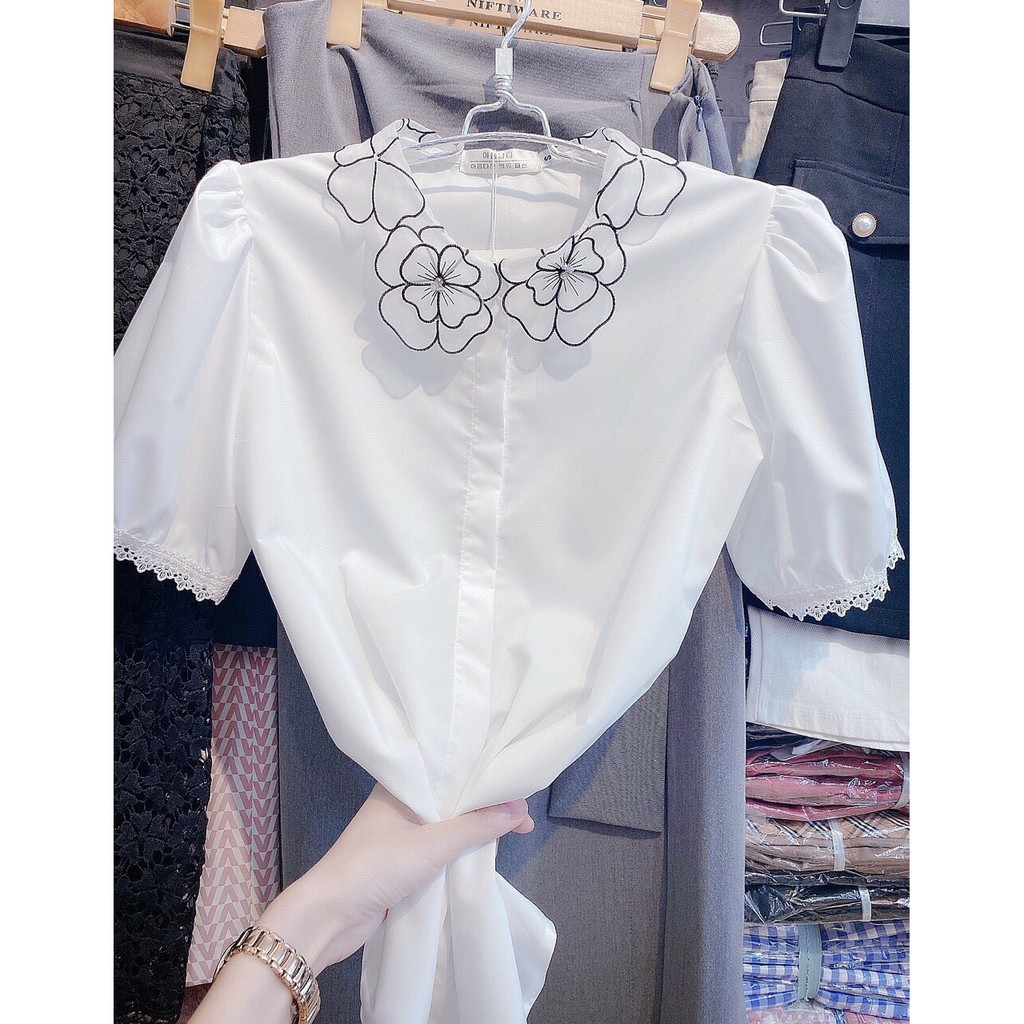 ÁO SƠ MI TRẮNG CỘC TAY CỔ HOA | BigBuy360 - bigbuy360.vn