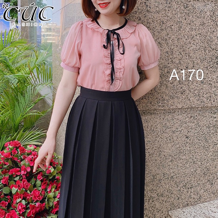 Áo sơ mi nữ cao cấp công sở Cúc Fashion A170 áo somi cổ tròn nơ đen