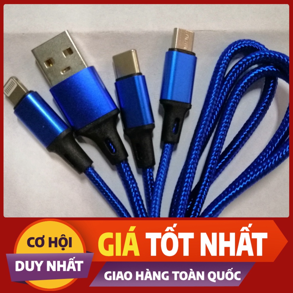 Dây cáp sạc 3 đầu có hỗ trợ sạc nhanh cho cả iphone, samsung, oppo, hawei(Bảo hành 30 ngày-Dùng thử 