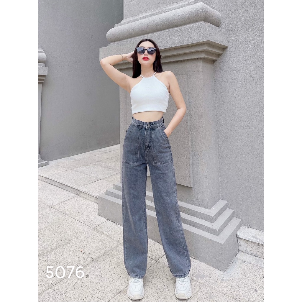 [ YÊU ĐỜI ] QUẦN JEANS ỐNG RỘNG NỮ LƯNG CAO 1 NÚT 2 TÚI HỘP TRƯỚC MÀU ĐEN MÀU XÁM NHẠT LAI CUỐN VẢI DÀY DẶN MỀM MỊN NITI