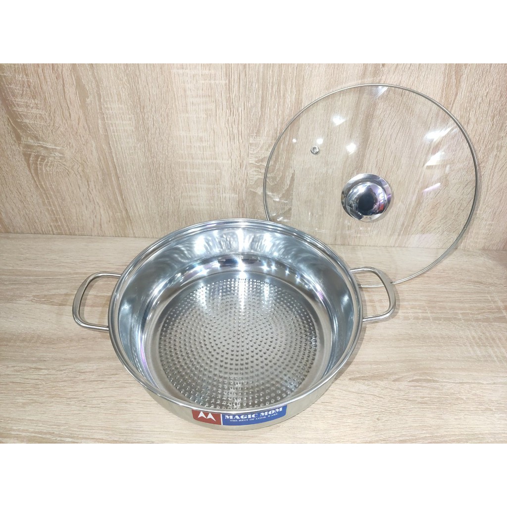 chảo lẩu inox 1 đáy dày nắp kính, dùng tốt bếp từ và tất cả bếp khác