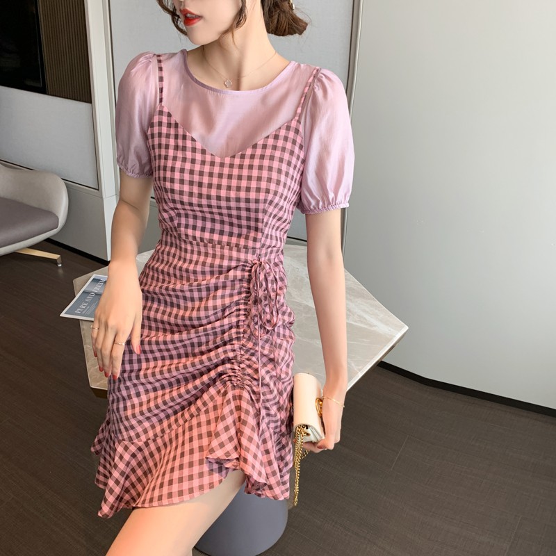 Đầm tay phồng ngắn phối họa tiết sọc ca rô thời trang cho nữ | BigBuy360 - bigbuy360.vn