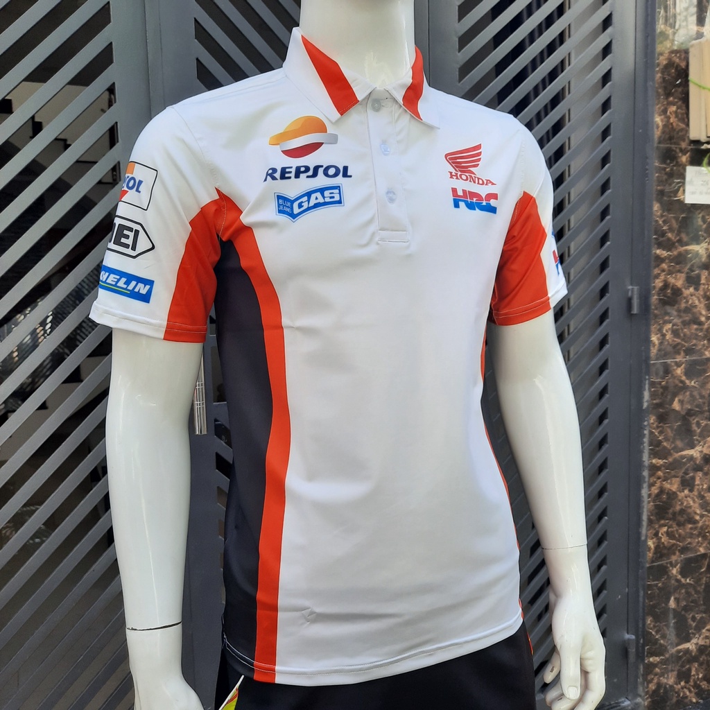 Áo thun tem xe Honda Repsol trắng CỔ TRỤ  - chất thun lạnh co dãn 4 chiều
